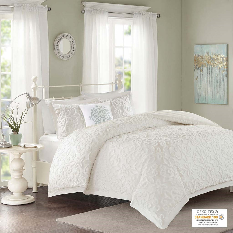 Sabrina 4 Piece Tufted Chenille Comforter Set - Off White  - Full Size / Queen Size