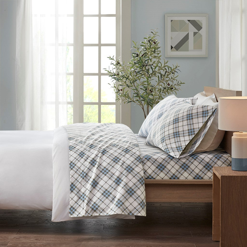 True North by Sleep Philosophy Cozy Cotton Flannel Printed Sheet Set - Blue Plaid - Cal King Size