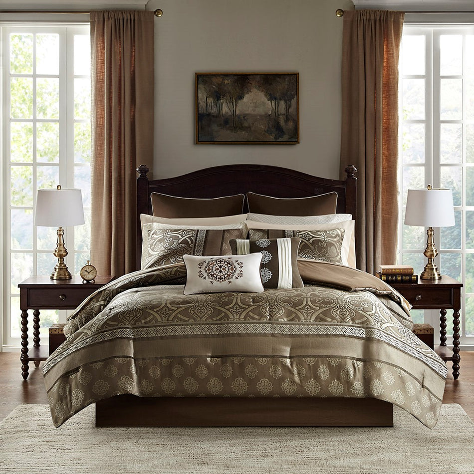Zara 16 Piece Jacquard Comforter Set with 2 Bed Sheet Sets - Brown - King Size