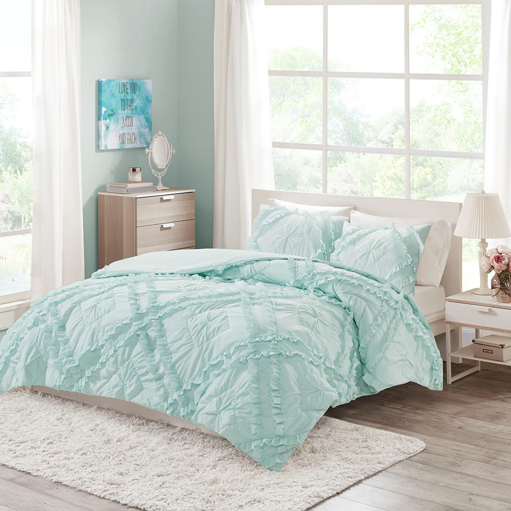 Intelligent Design Kacie Solid Quilt Set With Tufted Diamond Ruffles - Aqua - Full Size / Queen Size