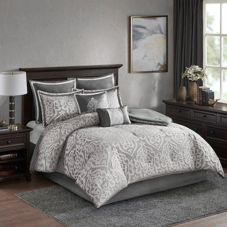 Madison Park Odette 8 Piece Jacquard Comforter Set - Silver - Cal King Size