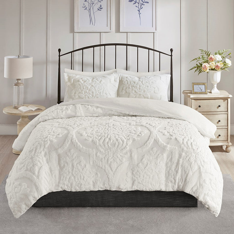 Viola 3 Piece Tufted Cotton Chenille Damask Duvet Cover Set - Off White - Full Size / Queen Size