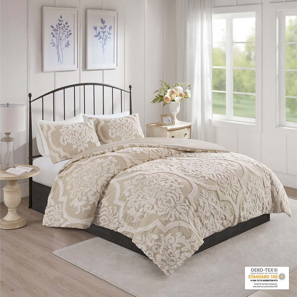 Madison Park Viola 3 piece Tufted Cotton Chenille Damask Comforter Set - Taupe - King Size / Cal King Size