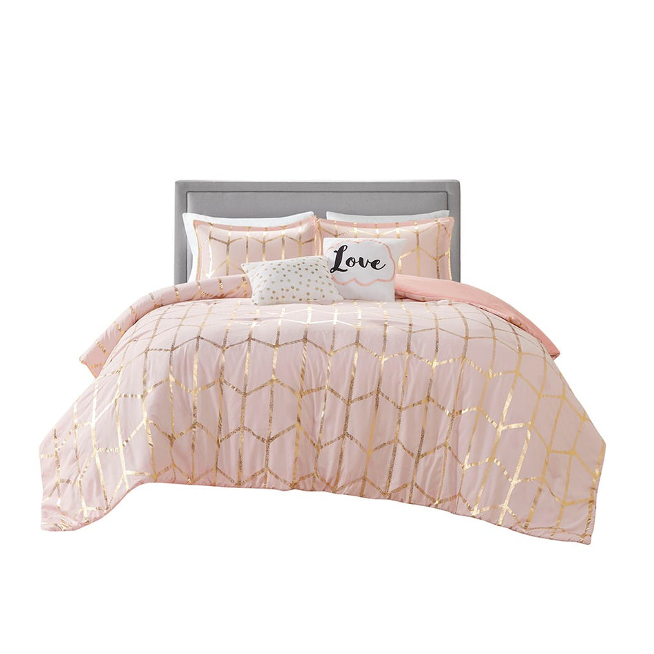 Raina Metallic Printed Comforter Set - Blush / Gold - Full Size / Queen Size