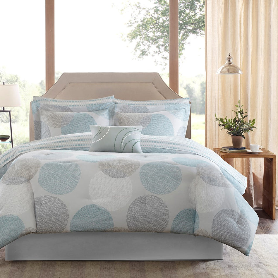 Knowles 9 Piece Comforter Set with Cotton Bed Sheets - Aqua - King Size