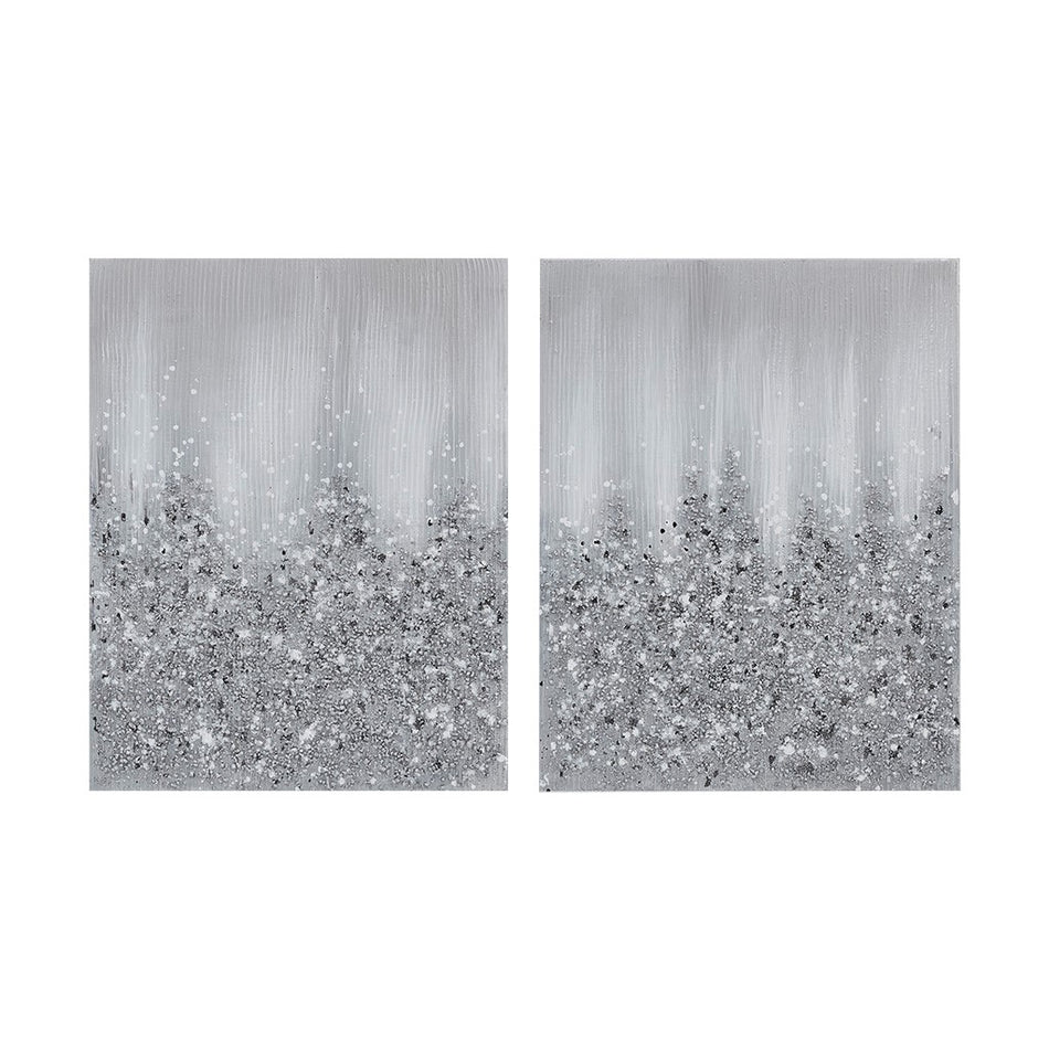 Glimmer 100% Hand Brush Heavy Textured Glitz Embellished Canvas 2 Piece Set - Silver