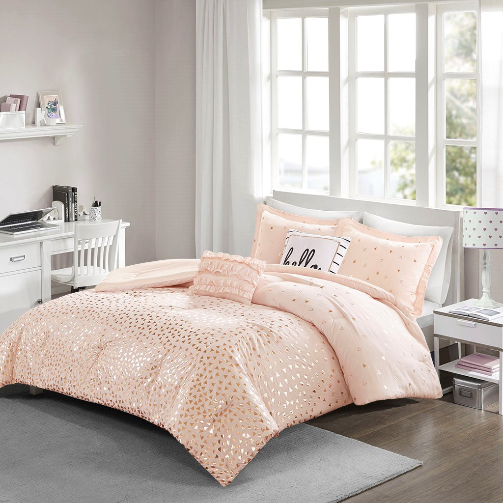 Intelligent Design Zoey Metallic Triangle Print Comforter Set - Blush / Rosegold - Full Size / Queen Size