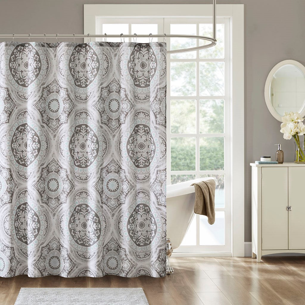 Madison Park June Cotton Printed Shower Curtain - Grey - 72x72"