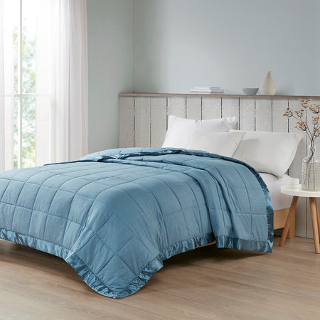 Madison Park Cambria Oversized Down Alternative Blanket with Satin Trim - Slate Blue - Twin Size