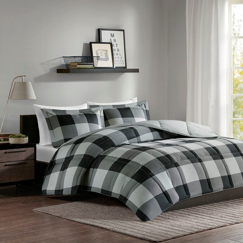 Madison Park Essentials Barrett 3M Scotchgard Down Alternative Comforter Mini Set - Grey / Black - Full Size / Queen Size