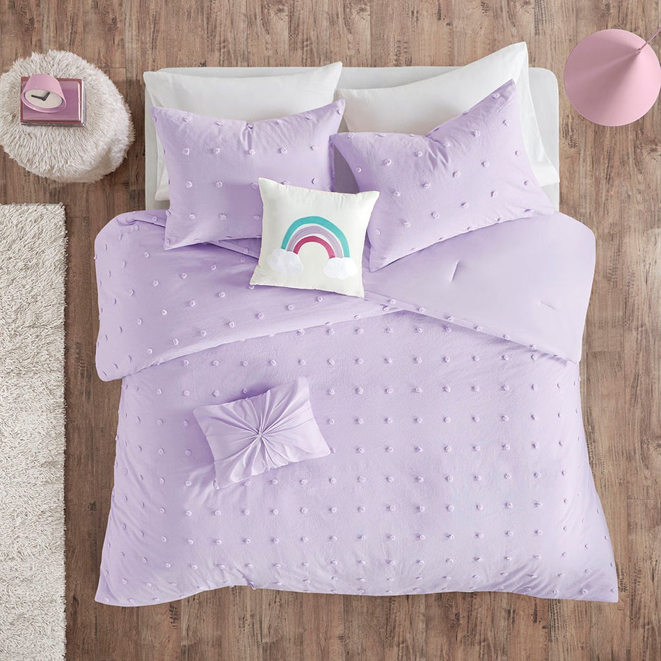 Callie Cotton Jacquard Pom Pom Comforter Set - Lavender - Full Size / Queen Size