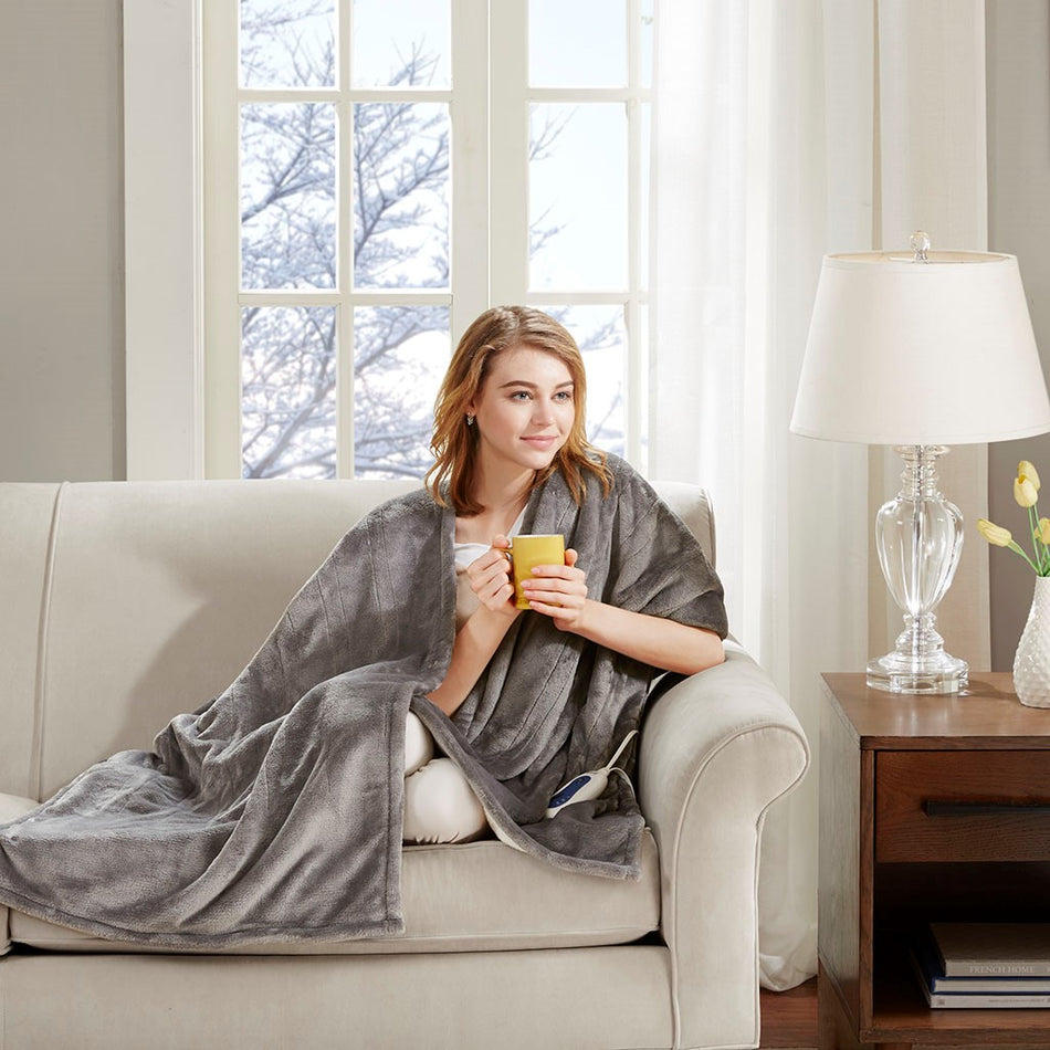 Beautyrest Heated Snuggle Plush to Berber Wrap - Grey - 50x64"