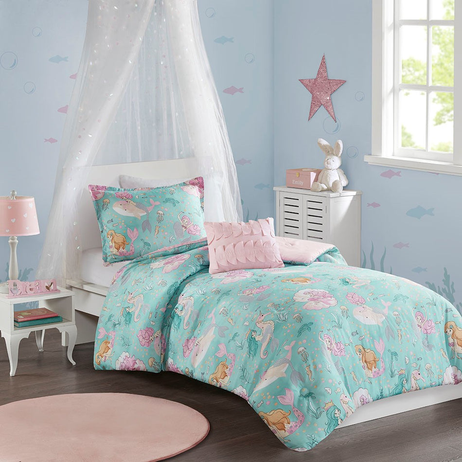 Mi Zone Kids Darya Printed Mermaid Comforter Set - Aqua / Pink - Twin Size