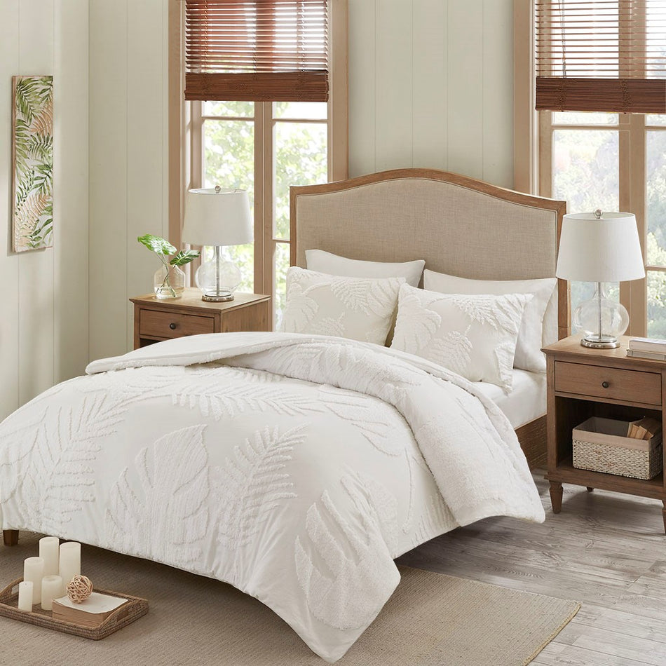 Bahari 3 Piece Tufted Cotton Chenille Palm Duvet Cover Set - Off White - King Size / Cal King Size
