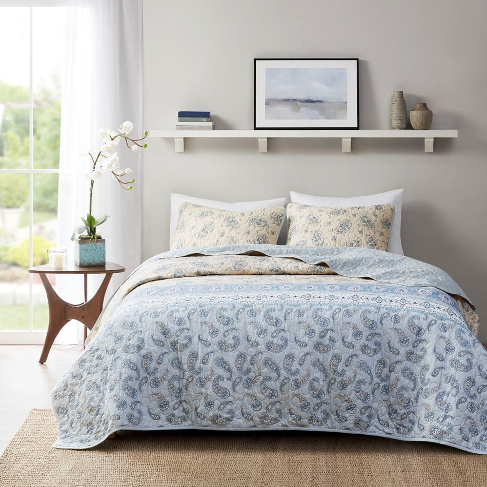 April 3 Piece Reversible Cotton Coverlet Set - Blue / Taupe - Full Size / Queen Size