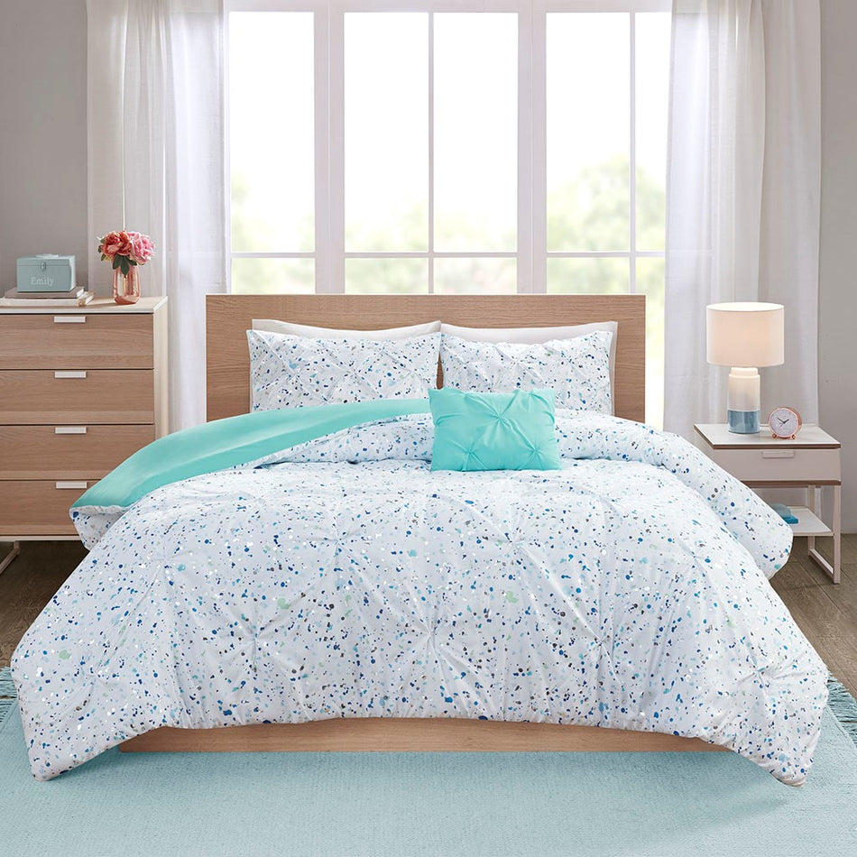 Abby Metallic Printed and Pintucked Duvet Cover Set - Aqua blue - Full Size / Queen Size