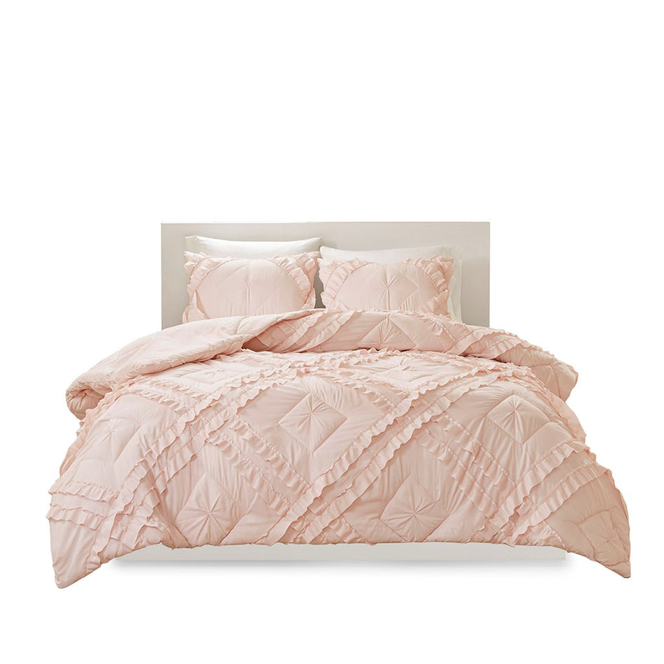 Kacie Solid Quilt Set With Tufted Diamond Ruffles - Blush - Twin Size / Twin XL Size