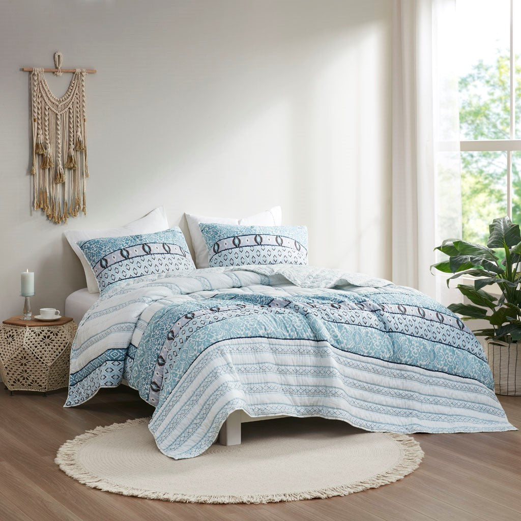 Madison Park Kamila 3 Piece Reversible Cotton Coverlet Set - Blue - King Size / Cal King Size