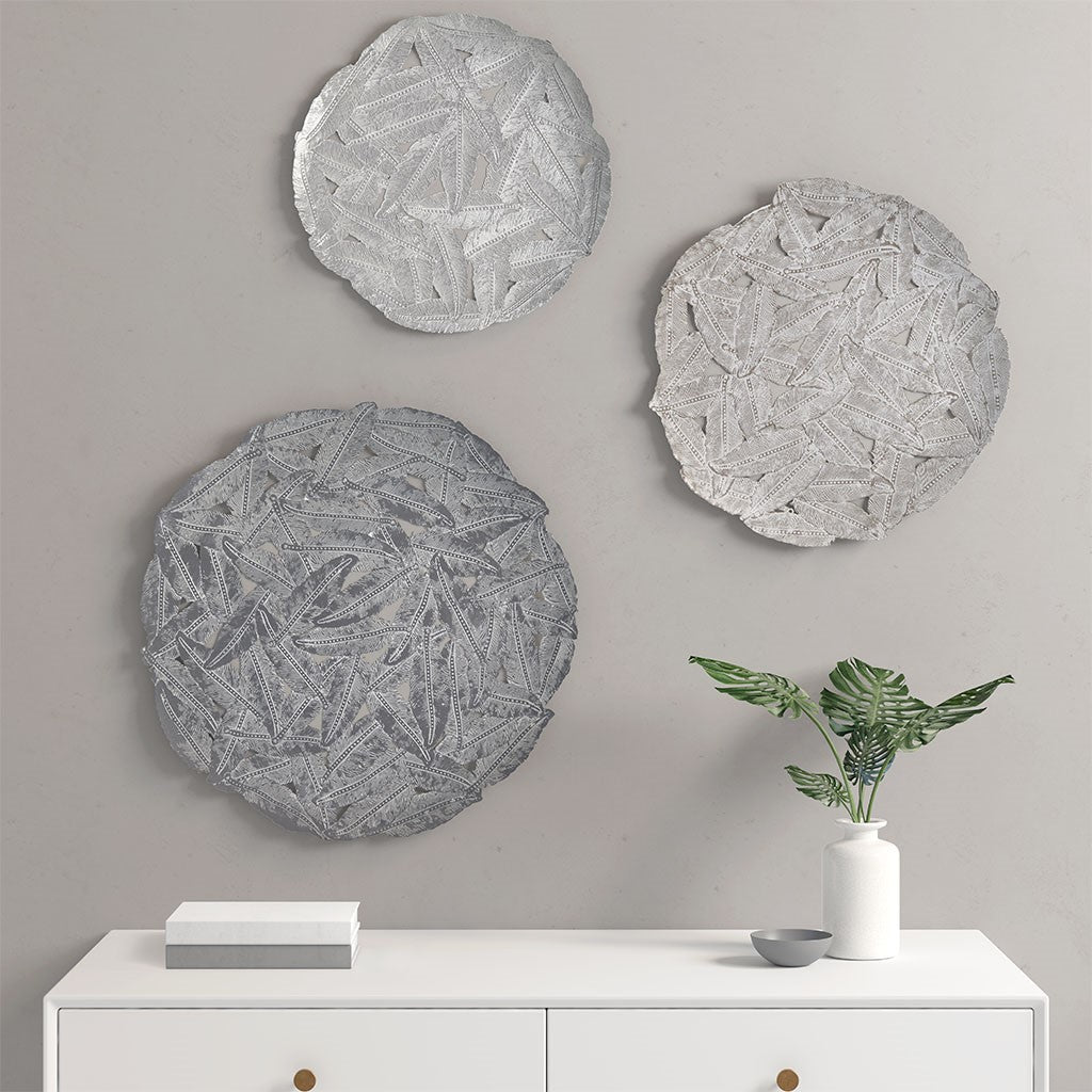 Madison Park Rossi Feather Painted Iron Round Wall Decor 3 Piece Set - Grey 