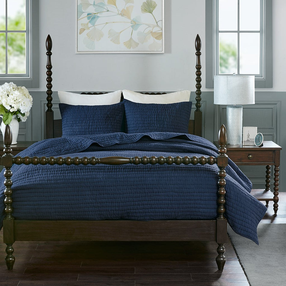 Serene 3 Piece Hand Quilted Cotton Quilt Set - Blue - Full Size / Queen Size