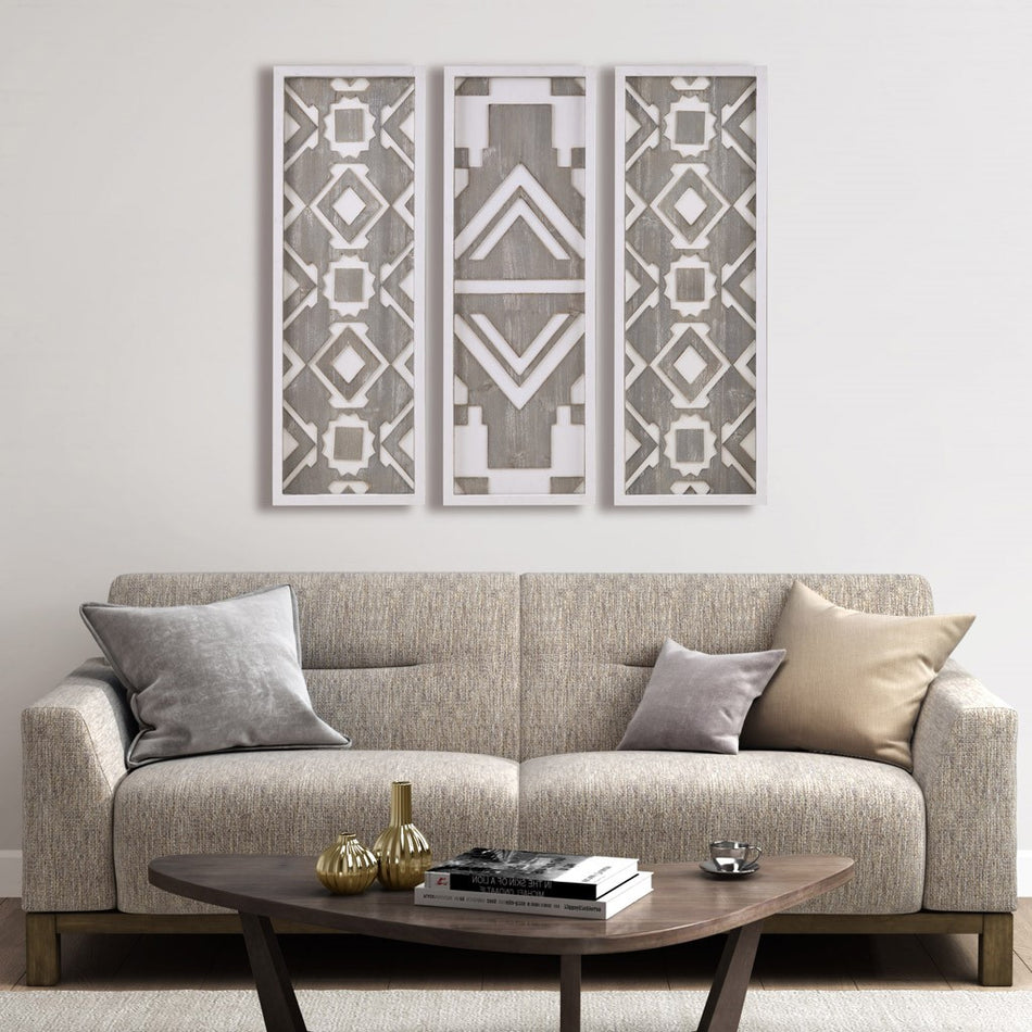 Madison Park Mandal Panel Printed Wood Wall Decor 3 Piece Set - Grey 