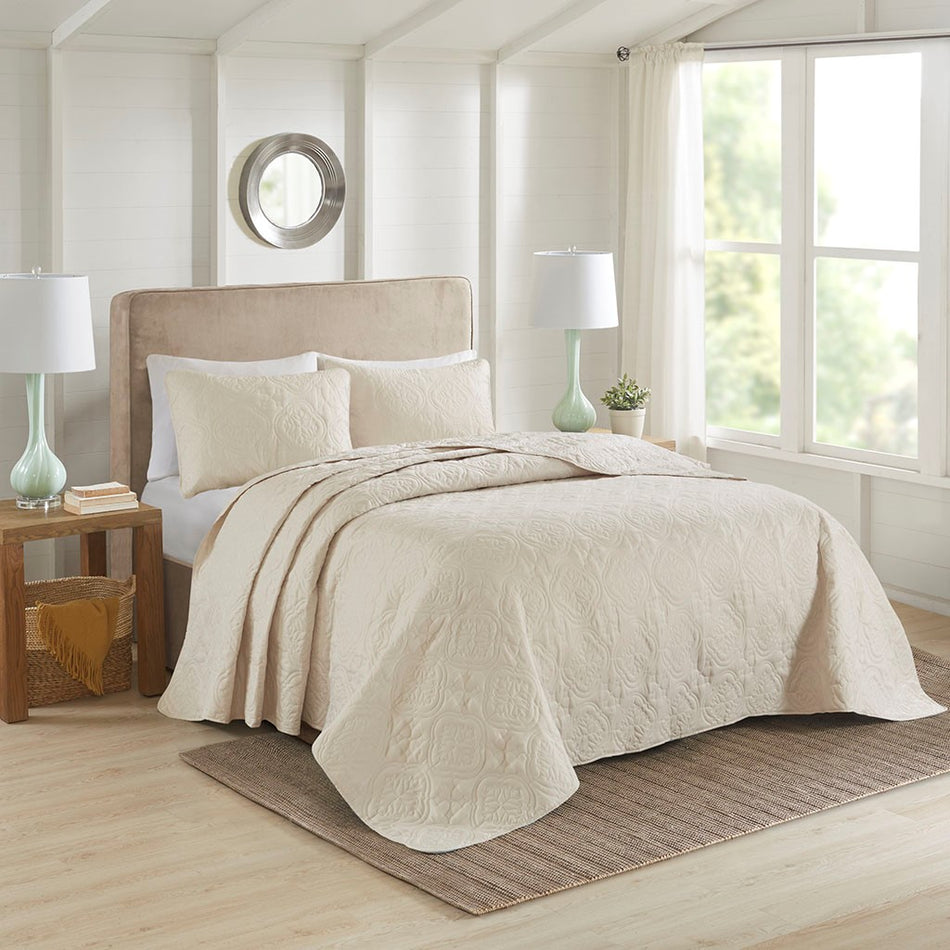 Oakley 3 Piece Reversible Bedspread Set - Cream - Full Size / Queen Size