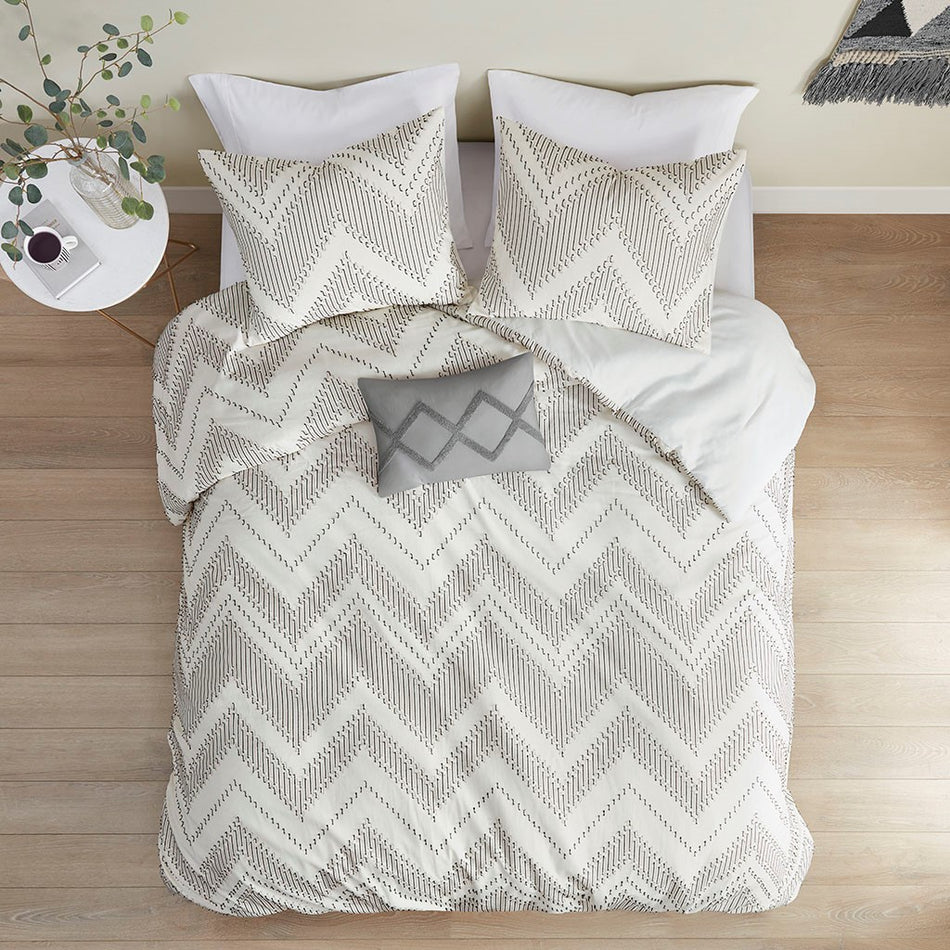 Bayside 4 Piece Cotton Clip Jacquard Comforter Set - Grey - Full Size / Queen Size