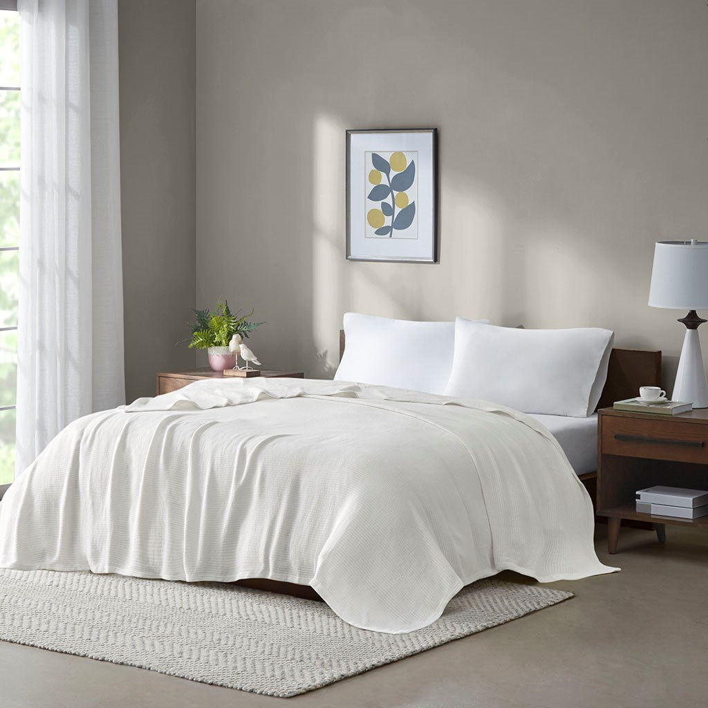 Madison Park Freshspun Basketweave Cotton Blanket - Cream - King Size