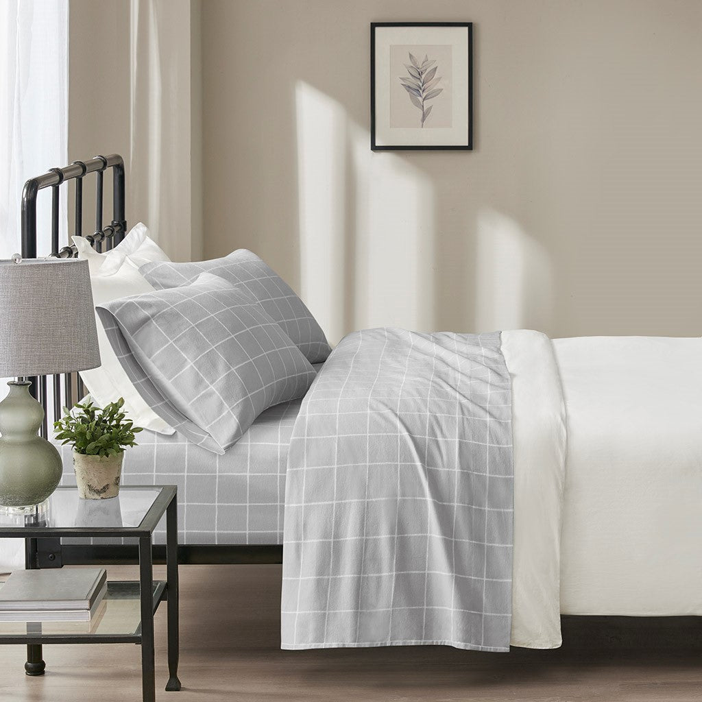 Beautyrest Oversized Cotton Flannel 4 Piece Sheet Set - Grey Windowpane - King Size