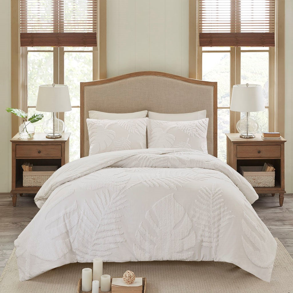 Bahari 3 Piece Tufted Cotton Chenille Palm Duvet Cover Set - Off White - King Size / Cal King Size