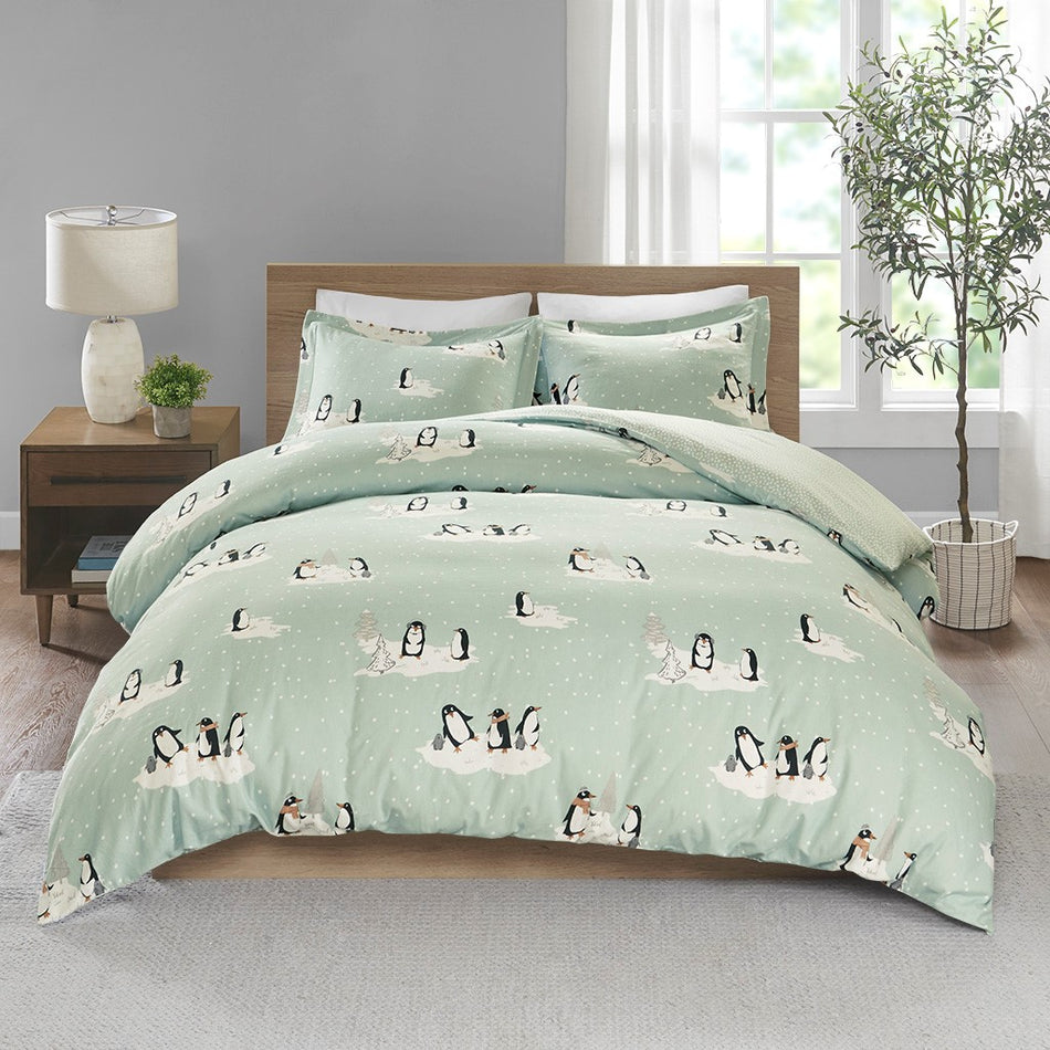 Cozy Flannel Duvet Set - Aqua Penguins - Full Size / Queen Size