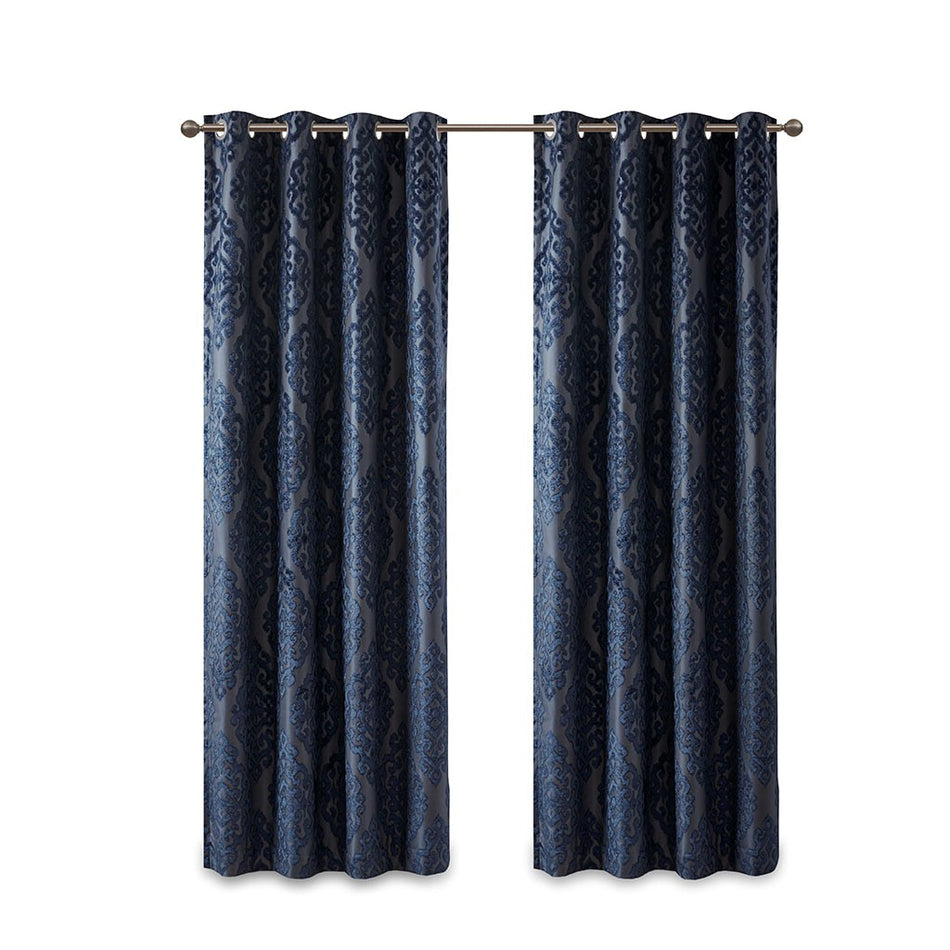 Mirage Knitted Jacquard Damask Total Blackout Grommet Top Curtain Panel - Navy - 84" Panel