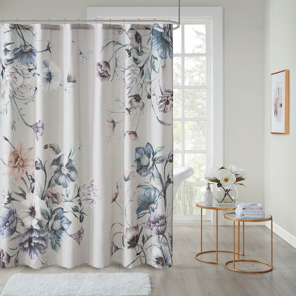 Madison Park Cassandra Printed Cotton Shower Curtain - Blue - 72x72"