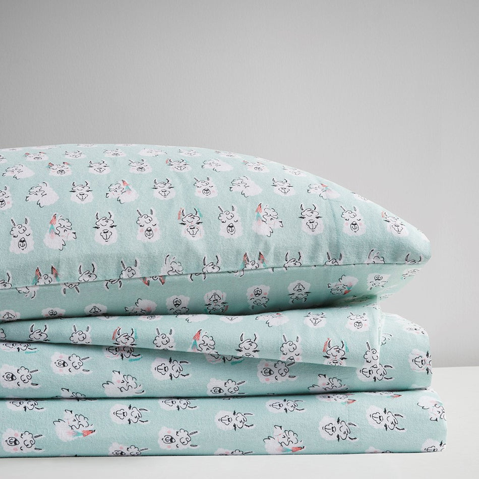 Cozy Soft Cotton Flannel Printed Sheet Set - Aqua Llama Face - Twin Size