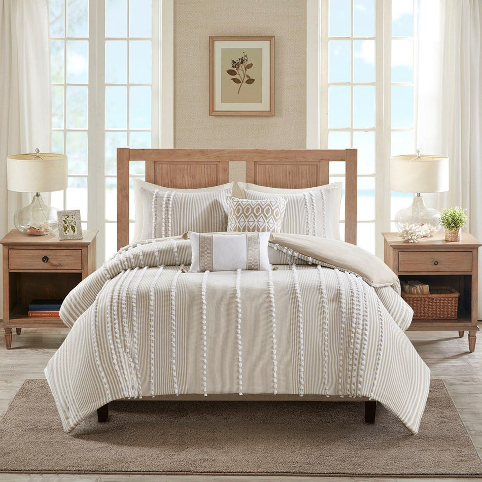 Anslee 3 Piece Cotton Yarn Dyed Duvet Cover Set - Taupe - Full Size / Queen Size