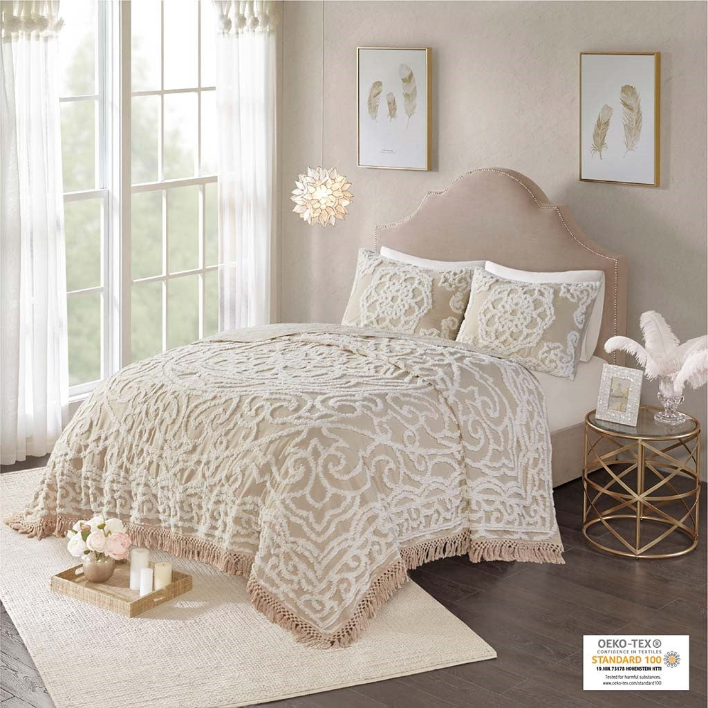 Madison Park Laetitia Tufted Cotton Chenille Medallion Fringe Coverlet Mini Set - Taupe - Full Size / Queen Size