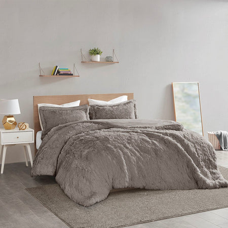 Intelligent Design Malea Shaggy Fur Duvet Cover Set - Grey - Twin Size