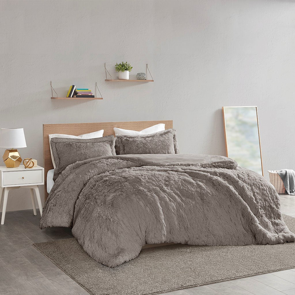 Intelligent Design Malea Shaggy Fur Duvet Cover Set - Grey - King Size