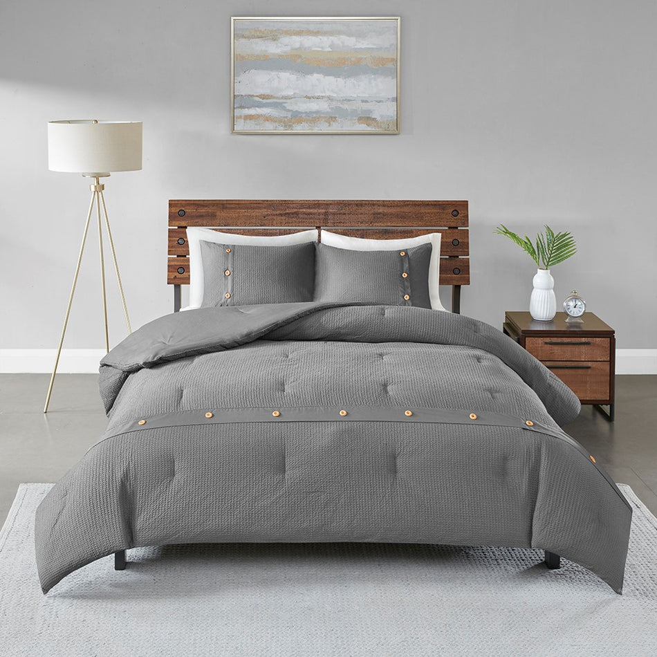 Finley 3 Piece Cotton Waffle Weave Comforter set - Grey - Full Size / Queen Size