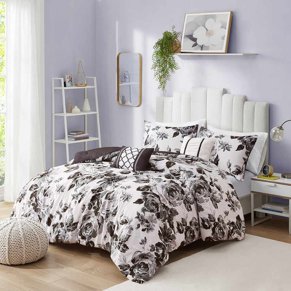 Intelligent Design Dorsey Floral Print Comforter Set - Black / White - Twin Size / Twin XL Size