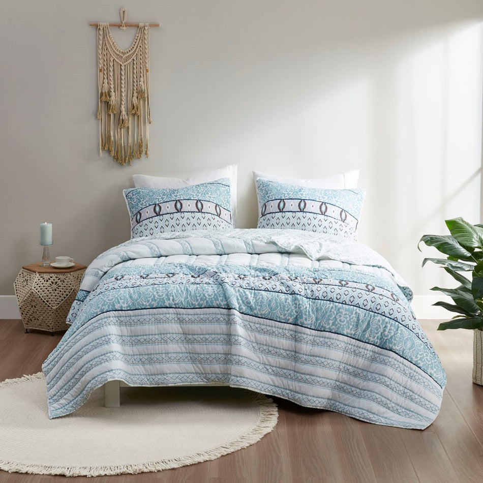 Kamila 3 Piece Reversible Cotton Coverlet Set - Blue - Full Size / Queen Size