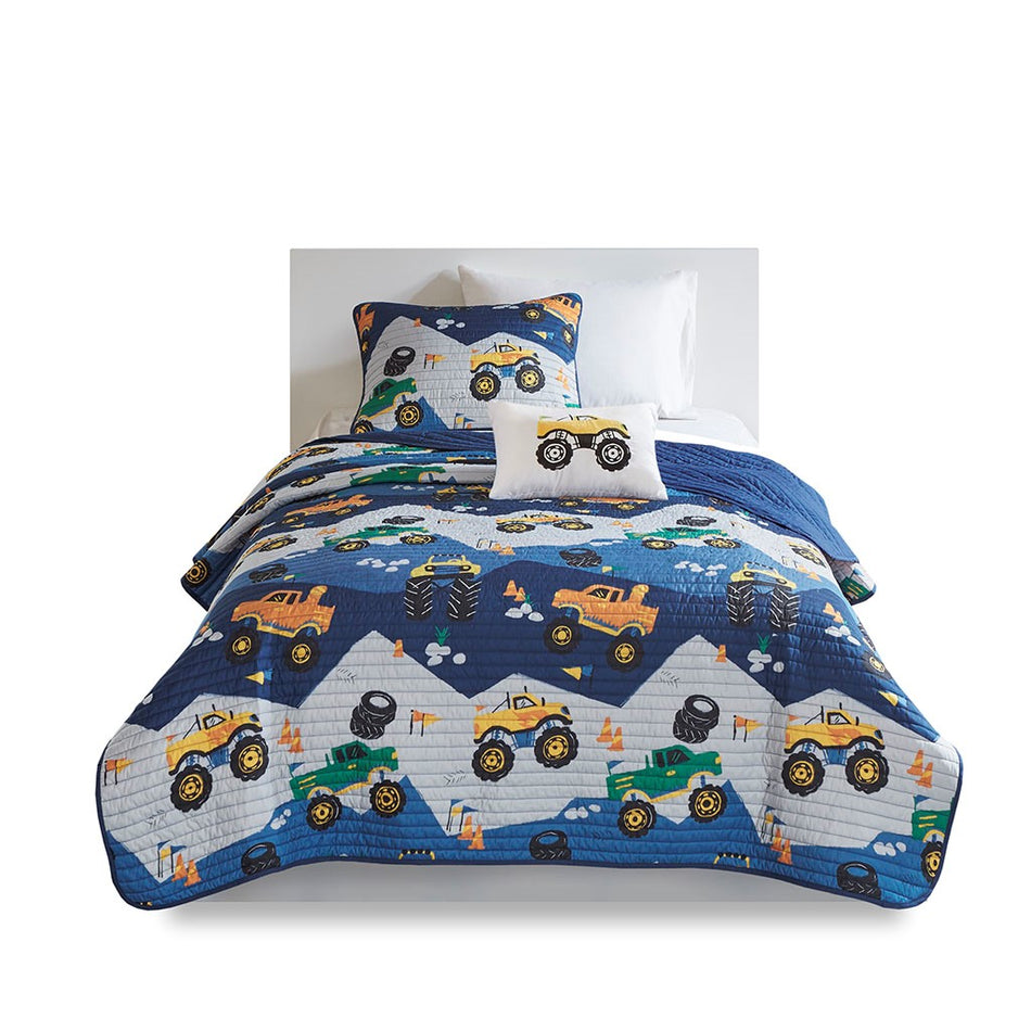 Nash Monster Truck Reversible Quilt Set with Throw Pillow - Blue - Twin Size