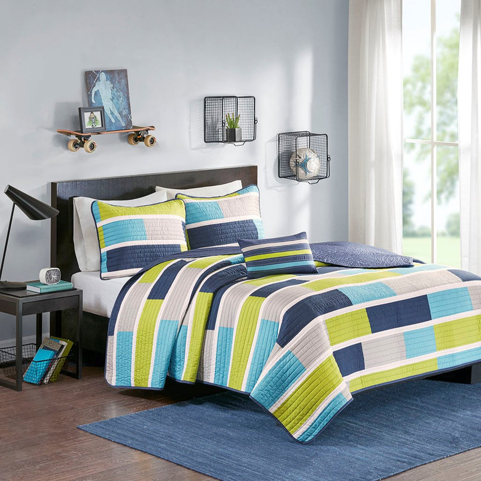 Mi Zone Bradley Reversible Quilt Set with Throw Pillow - Blue / Lime Green - Full Size / Queen Size