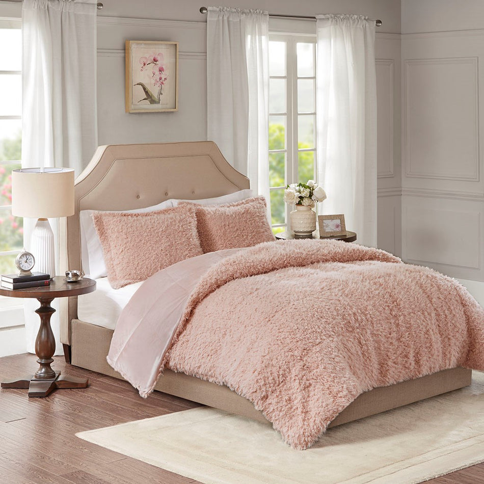 Madison Park Nova Blush Faux Mohair Reverse Faux Mink Comforter Set - Blush - Twin Size