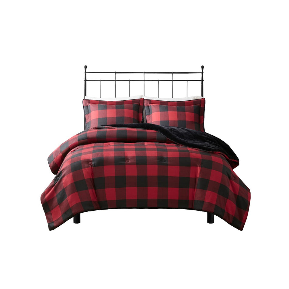 Bernston Faux Wool to Faux Fur Down Alternative Comforter Set - Red Buffalo Check - Full Size / Queen Size