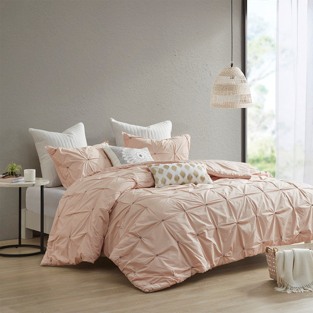 INK+IVY Masie 3 Piece Elastic Embroidered Cotton Comforter Set - Blush - King Size / Cal King Size