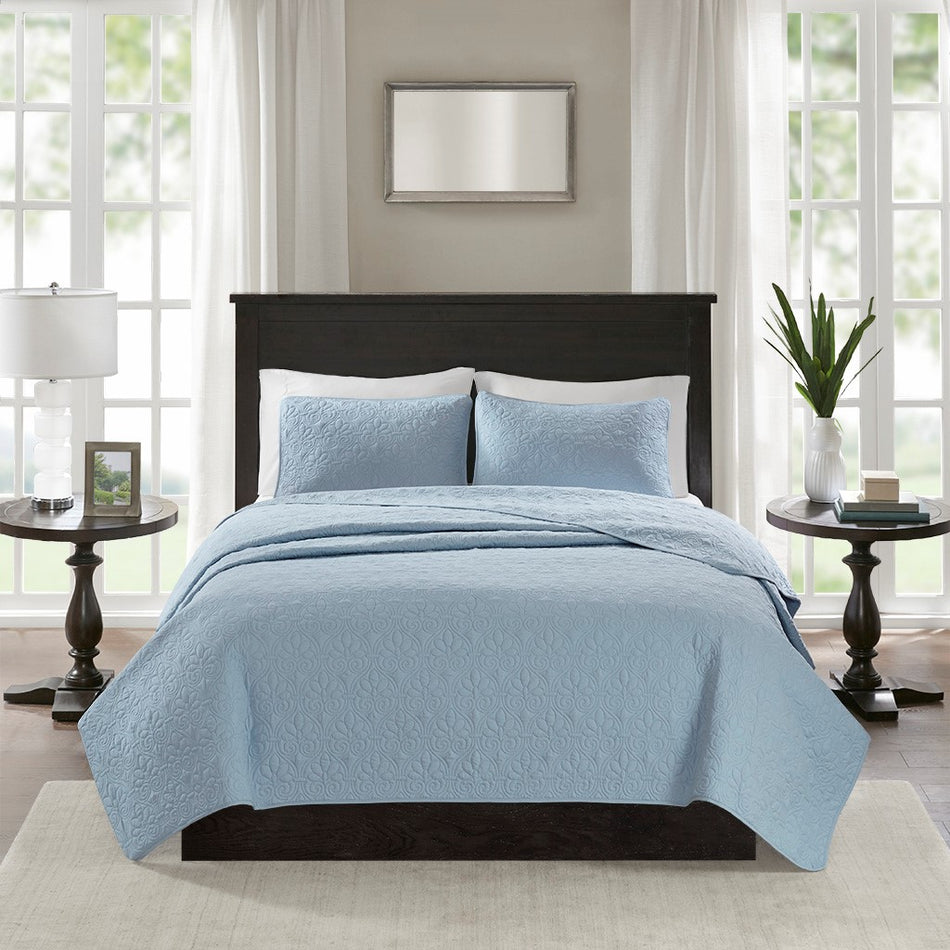 Quebec Reversible Quilt Set - Blue - Full Size / Queen Size