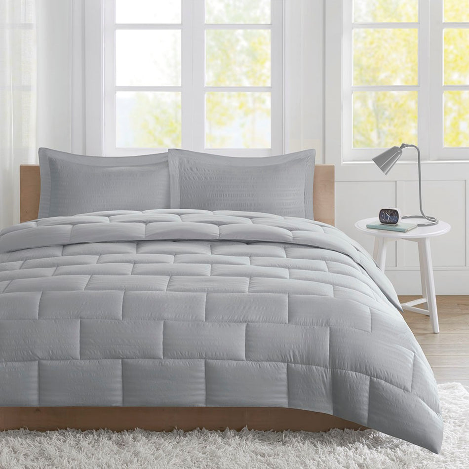 Avery Seersucker Down Alternative Comforter Mini Set - Grey - Full Size / Queen Size