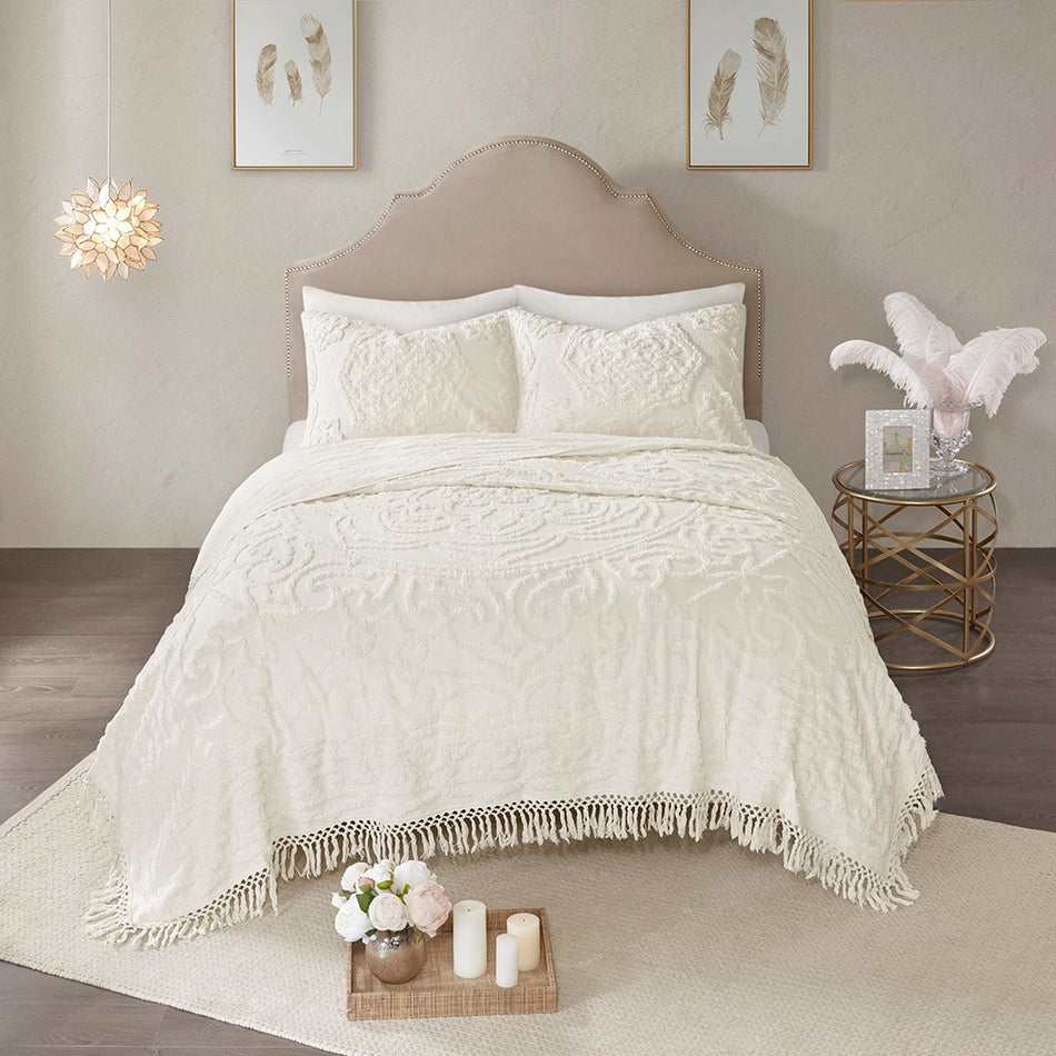 Laetitia Tufted Cotton Chenille Medallion Fringe Coverlet Mini Set - Off White - Full Size / Queen Size