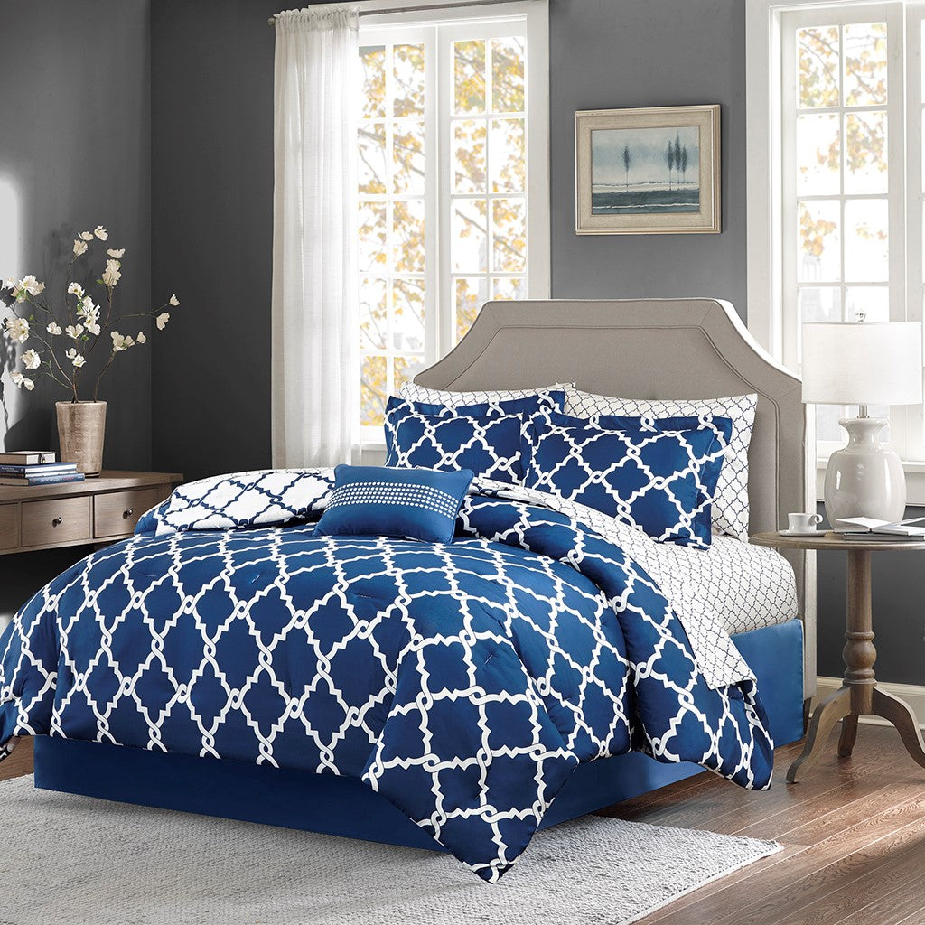 Madison Park Essentials Merritt 9 Piece Comforter Set with Cotton Bed Sheets - Navy - Full Size